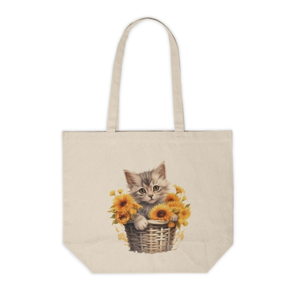 Floral Cat in a Basket Custom Canvas Tote Bag